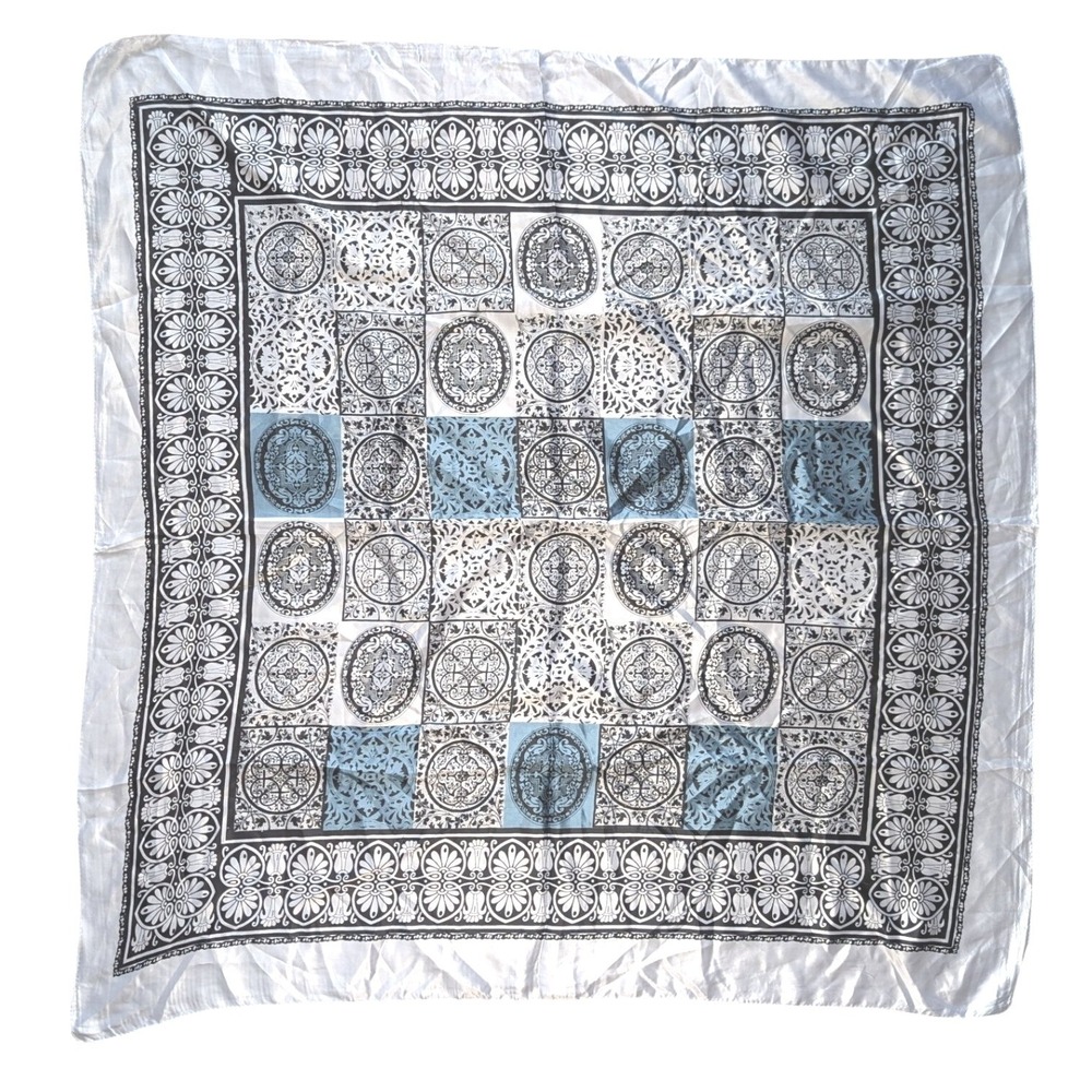 Vintage Style Square Scarf White Blue Black Mosaic Medallion Tile Print 36x34